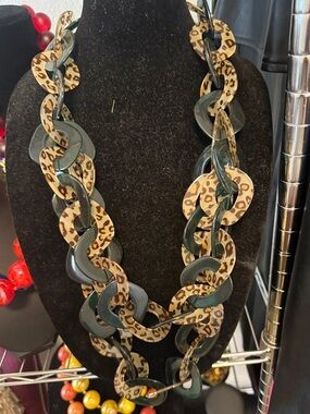 Sassy Jones Green and Beige Leopard-Link Statement Necklace